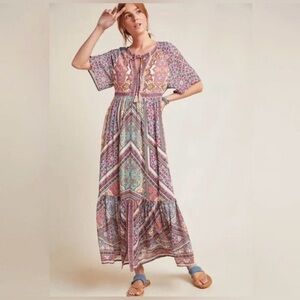Kachel Travi Boho Paisley Tiered Maxi Dress Anthropologie Sz S EUC